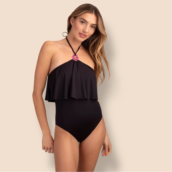Trina Turk Flutter High Neck Black One-Piece Swimsuit with Pink Flower Accent - Picture 1 of 12